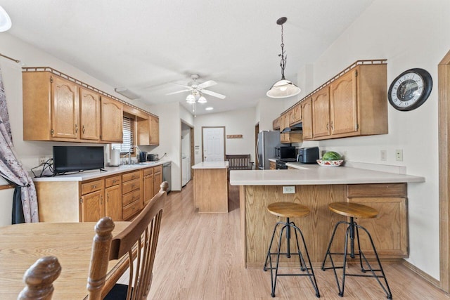 12129 221st Ave, Bristol, WI 53104 - kitchen featuring ceiling fan, a peninsula, appliances with stainless steel finishes, light wood-style flooring, and light countertops