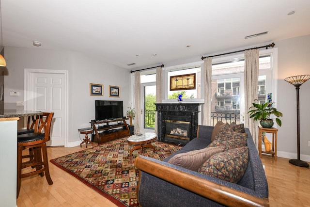 1515 N Van Buren St Unit 414, Milwaukee, WI 53202 - living room featuring a premium fireplace and light wood-type flooring