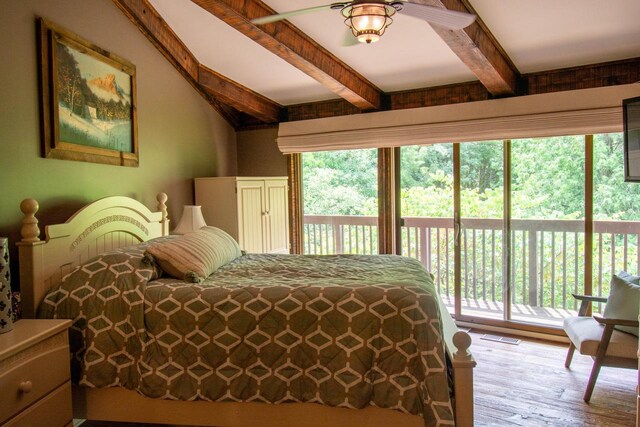 890 Windsor Dr Unit 4, Fontana, WI 53125 - bedroom featuring access to outside, multiple windows, beam ceiling, and wood finished floors