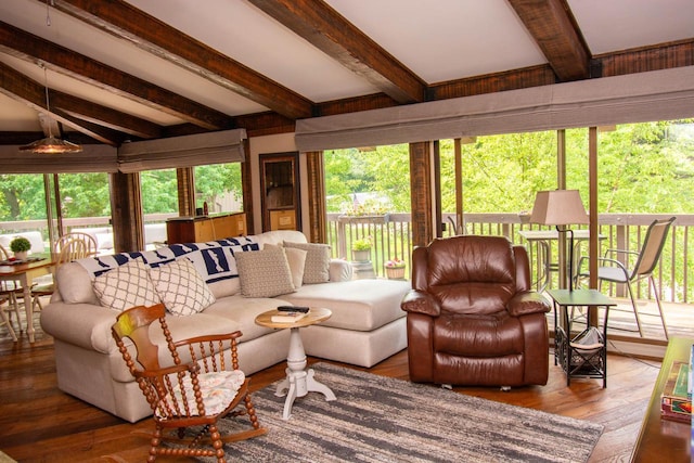 890 Windsor Dr Unit 4, Fontana, WI 53125 - living room with beamed ceiling and wood finished floors
