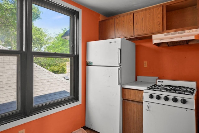 1049 E Johnson St, Madison, WI 53703 - kitchen featuring white appliances, under cabinet range hood, light countertops, and brown cabinets