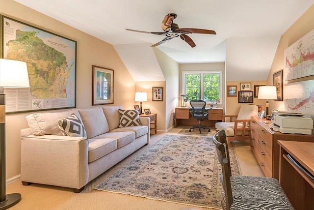 1223 Milwaukee St Unit B, Delafield, WI 53018 - living room with a desk, ceiling fan, light colored carpet, and vaulted ceiling