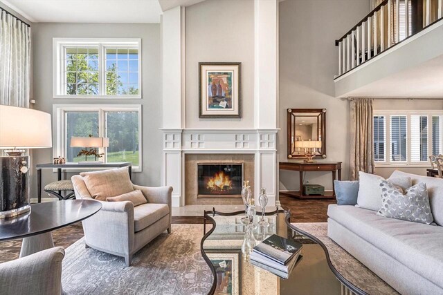 1223 Milwaukee St Unit B, Delafield, WI 53018 - living room with a premium fireplace, a towering ceiling, and wood finished floors