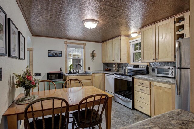 318 N Outagamie St, Appleton, WI 54914 - kitchen featuring appliances with stainless steel finishes, light brown cabinets, an ornate ceiling, plenty of natural light, and ornamental molding