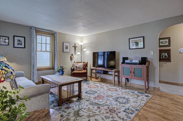 318 N Outagamie St, Appleton, WI 54914 - living room featuring arched walkways, wood finished floors, and a textured ceiling