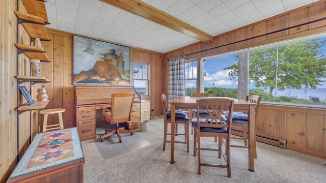 N133 Surfside Dr, Cedar Grove, WI 53013 - dining space featuring carpet flooring, wooden walls, and beam ceiling