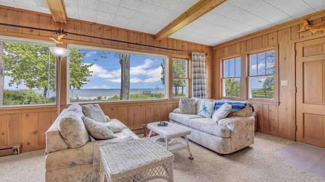 N133 Surfside Dr, Cedar Grove, WI 53013 - sunroom featuring a water view, beamed ceiling, and a baseboard radiator
