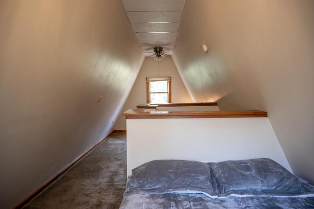 N8244 Woodland Trl, New Lisbon, WI 53950 - staircase featuring carpet flooring, ceiling fan, and vaulted ceiling