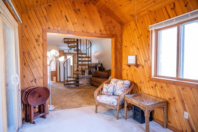 N8244 Woodland Trl, New Lisbon, WI 53950 - living area with carpet flooring, wood walls, stairs, and lofted ceiling