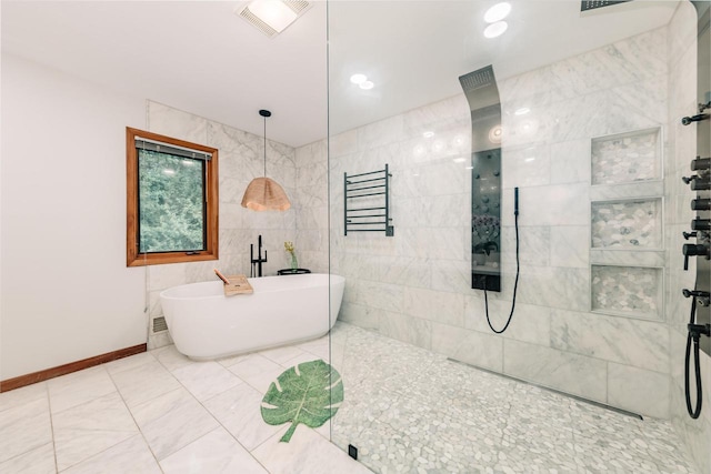 W301S1487 Brandybrook Rd, Waukesha, WI 53188 - bathroom with walk in shower, a towel warming rack, and a freestanding bath