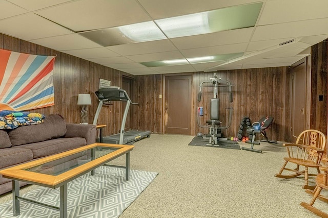 1329 23rd Ave, Monroe, WI 53566 - workout room featuring a drop ceiling, carpet, and wooden walls