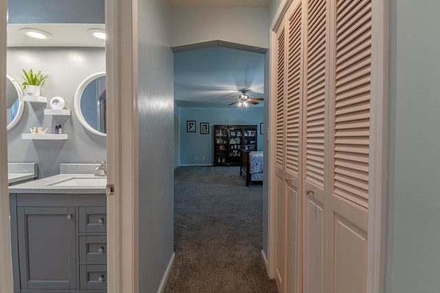 1329 23rd Ave, Monroe, WI 53566 - hall featuring a sink and dark carpet