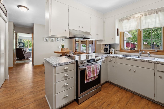 435 S Main St, Markesan, WI 53946 - kitchen with stainless steel range with electric cooktop, extractor fan, light countertops, light wood-style floors, and crown molding