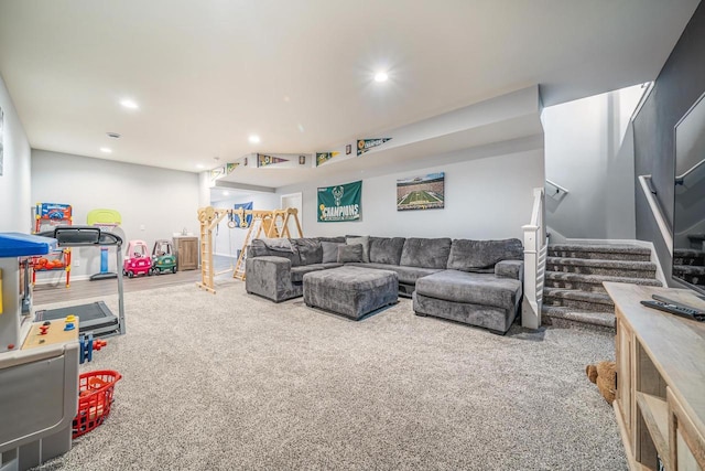 N3366 Flynn Dr, Montello, WI 53949 - carpeted living area featuring stairway and recessed lighting
