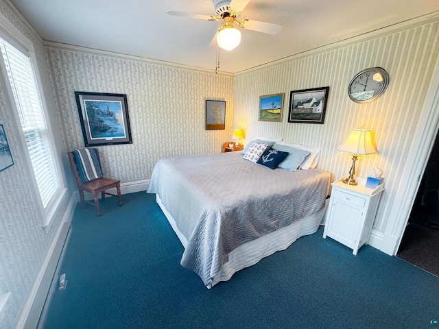 303 E 5th St, Washburn, WI 54891 - bedroom featuring carpet floors, wallpapered walls, crown molding, and ceiling fan