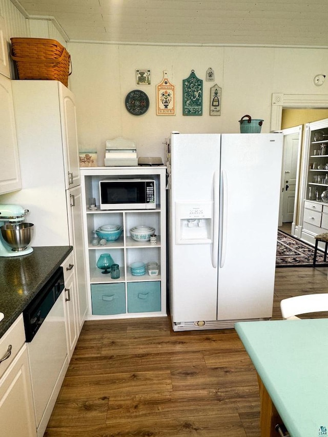 303 E 5th St, Washburn, WI 54891 - kitchen with white appliances, dark wood-style floors, and white cabinetry