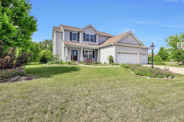 739 Pinehurst Dr, Mukwonago, WI 53149 - traditional-style house with a garage, a porch, a front lawn, and concrete driveway