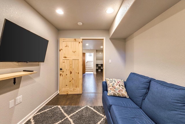 739 Pinehurst Dr, Mukwonago, WI 53149 - living room featuring dark wood-style flooring, recessed lighting, and a textured wall