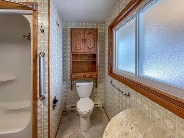 4080 Camp Bryn Afon Rd, Rhinelander, WI 54501 - full bath with tile patterned flooring, a shower, baseboard heating, and wallpapered walls