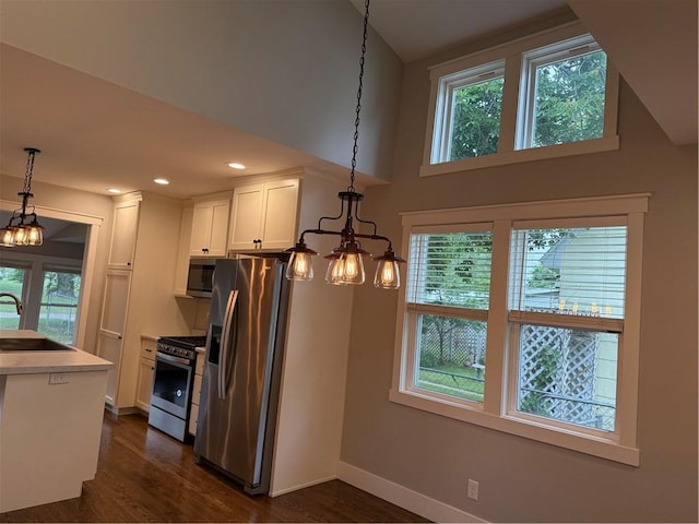 1028 Chauncey St, Eau Claire, WI 54701 - kitchen featuring a chandelier, stainless steel appliances, dark wood-style flooring, healthy amount of natural light, and a high ceiling