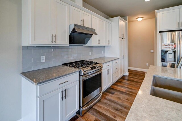 6586 Wolf Hollow Rd, Windsor, WI 53598 - kitchen with stainless steel appliances, under cabinet range hood, dark wood-style flooring, and backsplash