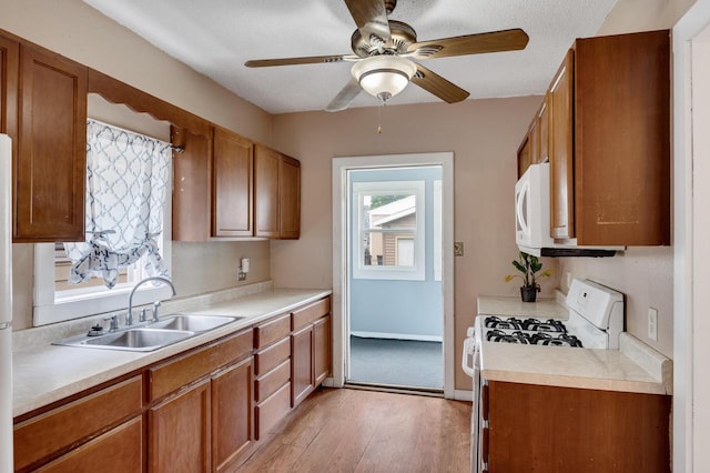 1413 Avon St, La Crosse, WI 54603 - kitchen featuring white appliances, light wood-type flooring, brown cabinets, light countertops, and ceiling fan