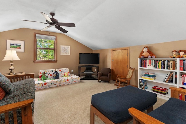5026 Coney Weston Pl, Madison, WI 53711 - living area with carpet flooring, vaulted ceiling, and a ceiling fan