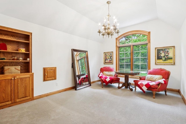 W332S9291 Red Brae Dr, Mukwonago, WI 53149 - living area with vaulted ceiling, carpet flooring, and a chandelier