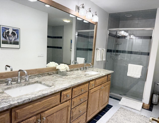 W332S9291 Red Brae Dr, Mukwonago, WI 53149 - bathroom with double vanity, a shower stall, and tile patterned floors