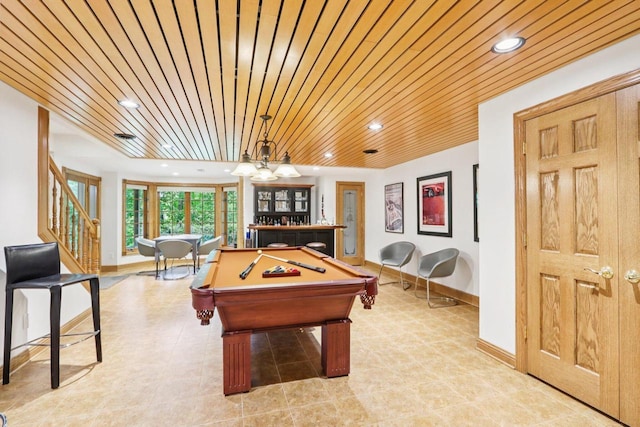 W332S9291 Red Brae Dr, Mukwonago, WI 53149 - recreation room featuring pool table, recessed lighting, and wooden ceiling