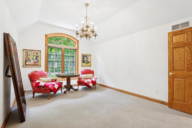 W332S9291 Red Brae Dr, Mukwonago, WI 53149 - sitting room with carpet floors, a chandelier, and vaulted ceiling