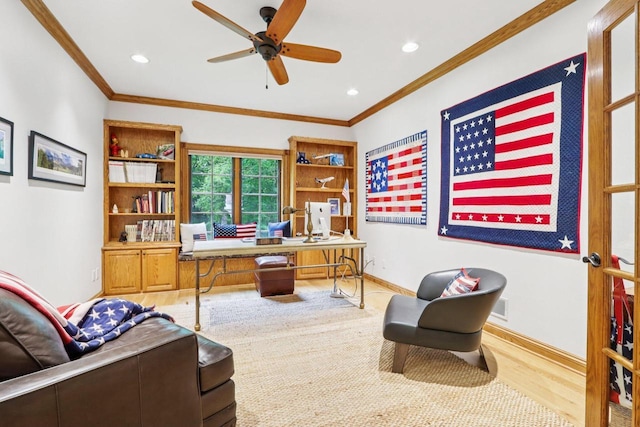 W332S9291 Red Brae Dr, Mukwonago, WI 53149 - office with wood finished floors, a ceiling fan, crown molding, and recessed lighting