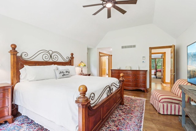 W332S9291 Red Brae Dr, Mukwonago, WI 53149 - bedroom featuring vaulted ceiling, wood finished floors, and ceiling fan