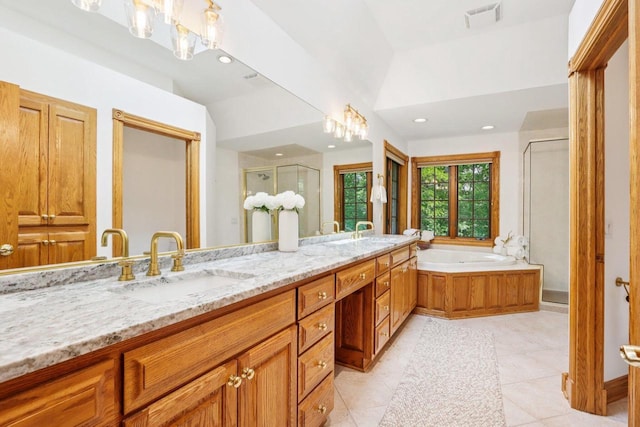 W332S9291 Red Brae Dr, Mukwonago, WI 53149 - full bathroom featuring a stall shower, double vanity, a garden tub, tile patterned floors, and recessed lighting