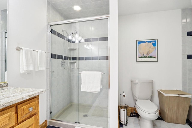 W332S9291 Red Brae Dr, Mukwonago, WI 53149 - bathroom featuring vanity, a stall shower, tile patterned floors, a chandelier, and recessed lighting