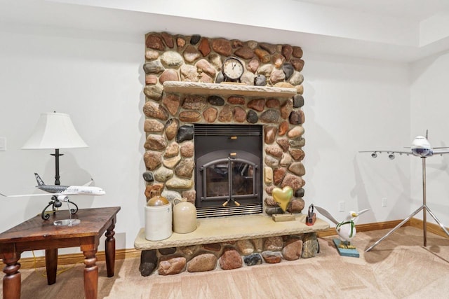 W332S9291 Red Brae Dr, Mukwonago, WI 53149 - detailed view of a stone fireplace and carpet floors
