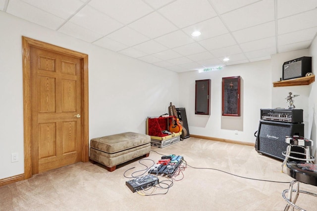 W332S9291 Red Brae Dr, Mukwonago, WI 53149 - living area with carpet, a drop ceiling, electric panel, and recessed lighting