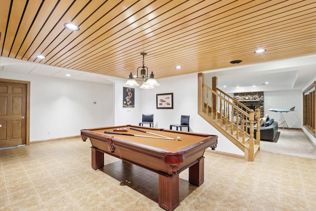 W332S9291 Red Brae Dr, Mukwonago, WI 53149 - playroom featuring pool table, recessed lighting, and a stone fireplace