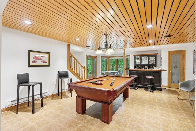 W332S9291 Red Brae Dr, Mukwonago, WI 53149 - playroom featuring a baseboard radiator, a dry bar, recessed lighting, wood ceiling, and billiards table