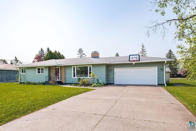 6D Hayes Ct, Superior, WI 54880 - ranch-style home featuring a front lawn, a garage, concrete driveway, and a chimney
