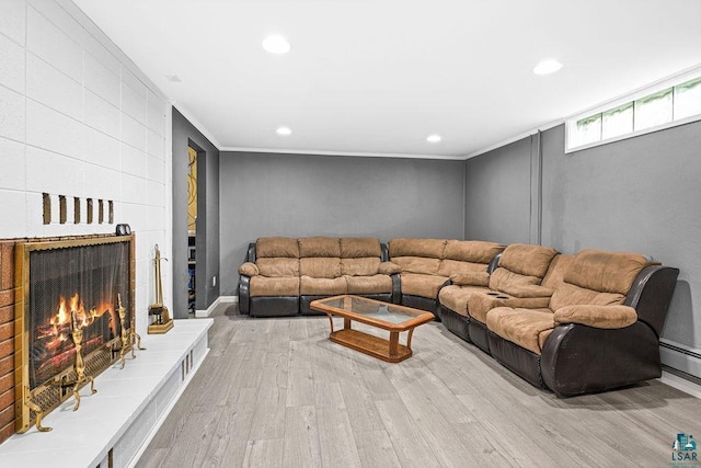 6D Hayes Ct, Superior, WI 54880 - living room with wood finished floors, recessed lighting, ornamental molding, and a fireplace