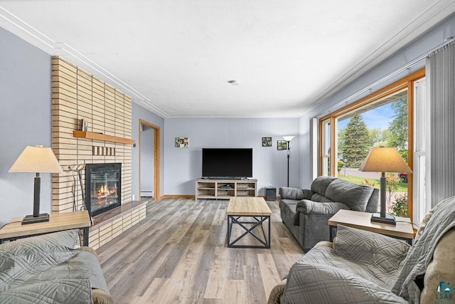 6D Hayes Ct, Superior, WI 54880 - living area with wood finished floors, a baseboard radiator, a brick fireplace, and ornamental molding