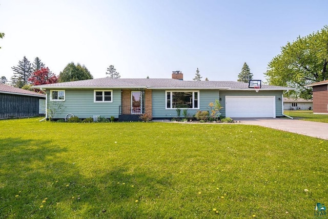 6D Hayes Ct, Superior, WI 54880 - ranch-style home with driveway, an attached garage, a chimney, and a front lawn