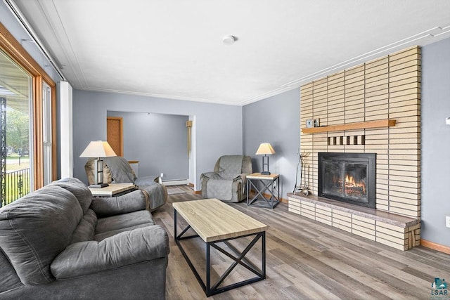 6D Hayes Ct, Superior, WI 54880 - living area with a brick fireplace, wood finished floors, ornamental molding, and a baseboard heating unit