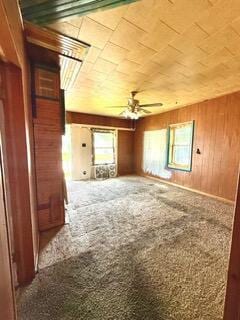 807 Charles St, La Crosse, WI 54603 - unfurnished living room featuring ceiling fan, carpet flooring, and wood walls