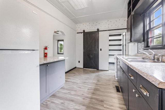 429 W Juneau St, Tomah, WI 54660 - kitchen featuring freestanding refrigerator, plenty of natural light, light countertops, and a barn door