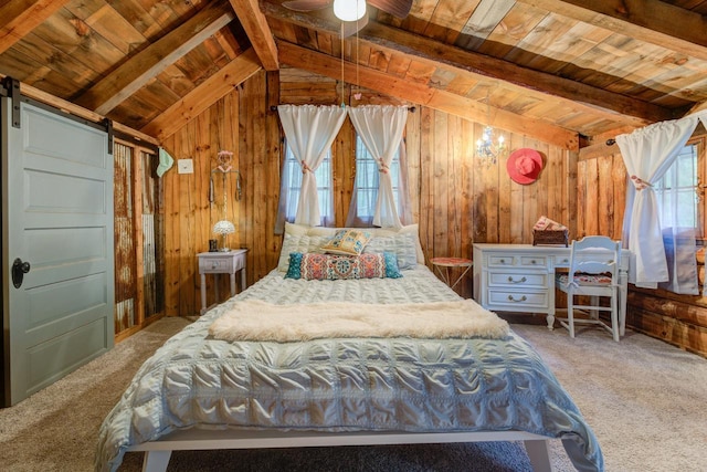 W3562 Glencoe Ave, Montello, WI 53949 - bedroom with wood ceiling, wooden walls, carpet flooring, and a barn door