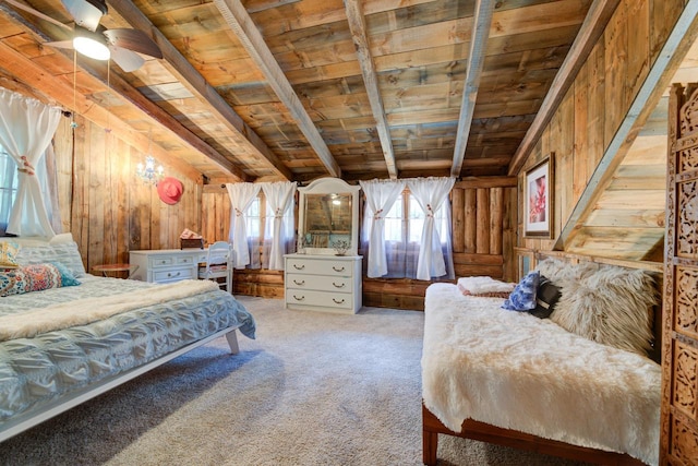 W3562 Glencoe Ave, Montello, WI 53949 - carpeted bedroom with a wood ceiling with exposed beams and wood walls