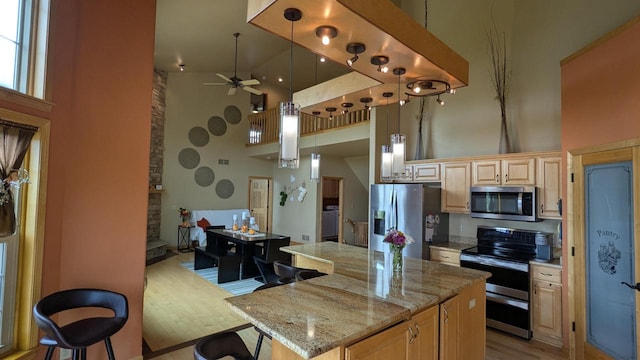 N100W17560 Whitetail Run, Germantown, WI 53022 - kitchen with a towering ceiling, stainless steel appliances, ceiling fan, a kitchen island, and light wood-type flooring