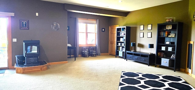 4830 Parkview Rd, Waterford, WI 53185 - living area featuring carpet flooring and a wood stove